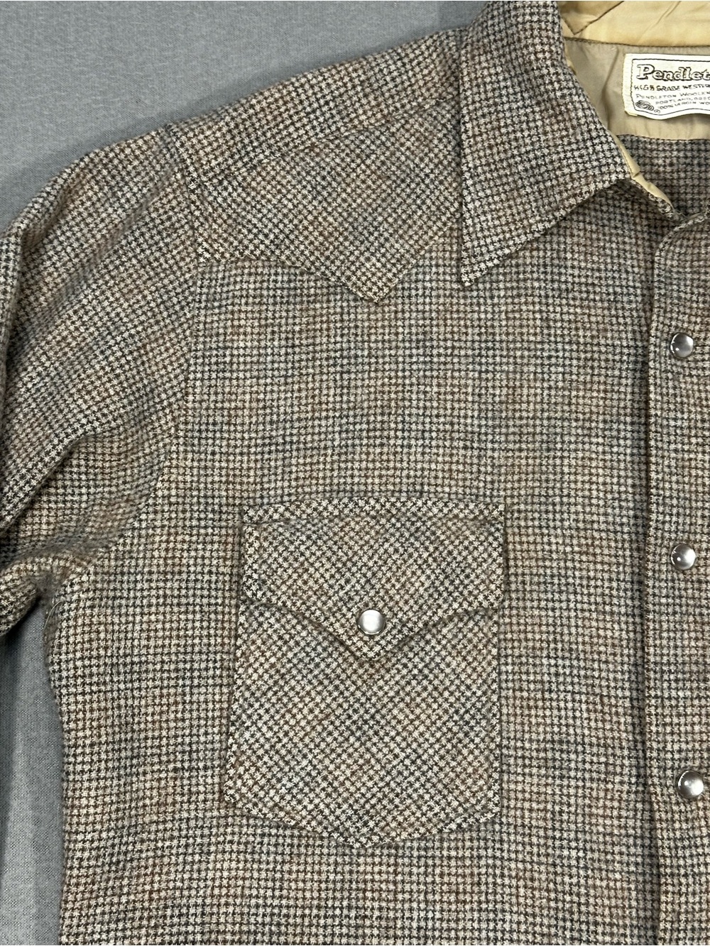Vintage Pendleton Shirt Mens L Wool Western Snap Brown Tweed Shacket USA Style - Picture 5 of 15